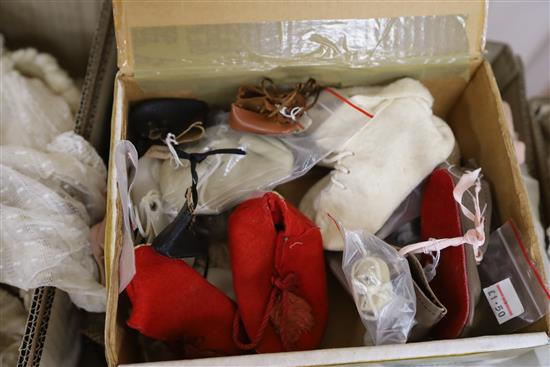 A quantity of vintage glasses, dolls shoes and clothing